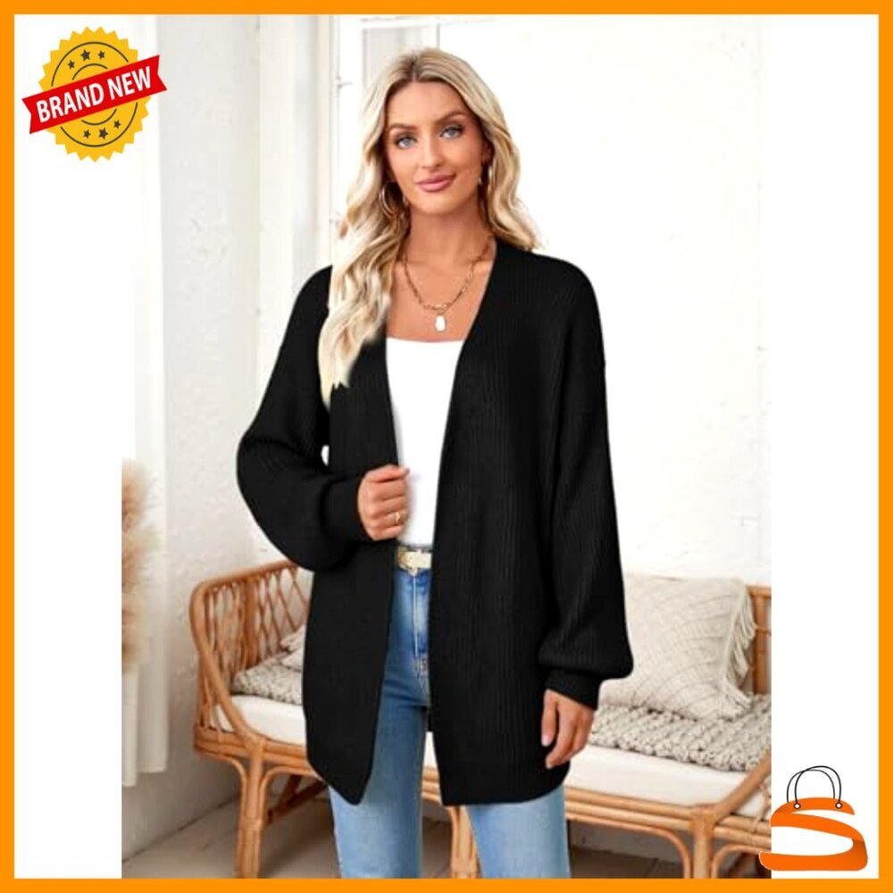 Oversized Long Cardigan Chunky Waffle Knit Open Front Bell Sleeves - Picture 2 of 6